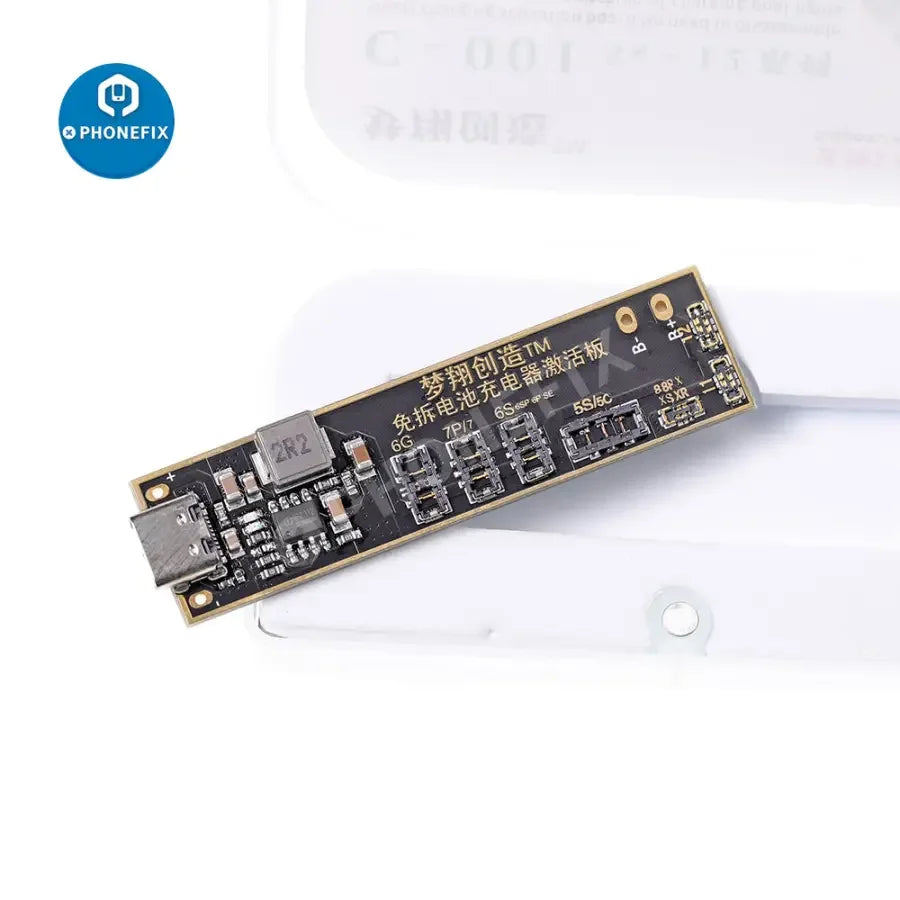 PHONEFIX C-001 Fast Charging Battery Activation Board for iPhone battery testing and activation, shown on the battery tester tool.