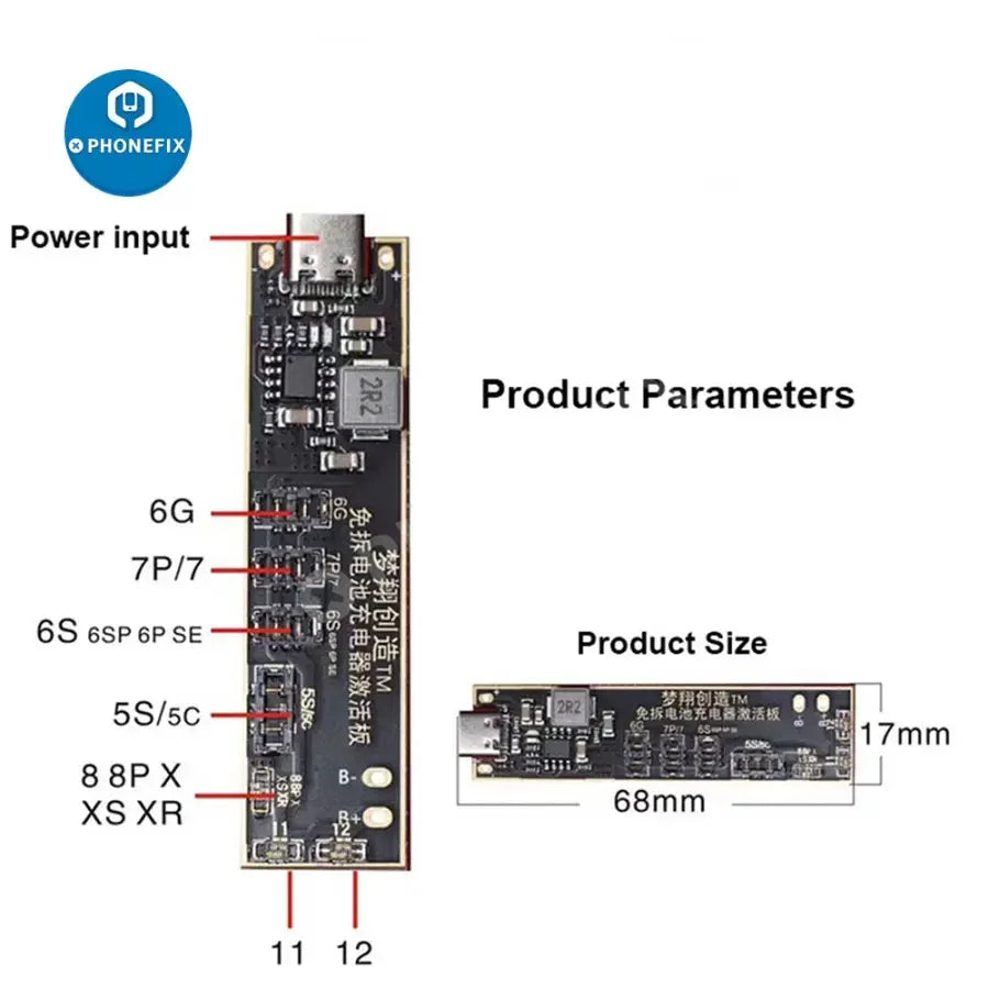 PhoneFix C-001 fast charging battery activation board for iPhone battery tester tool, used for diagnosing and activating iPhone batteries.