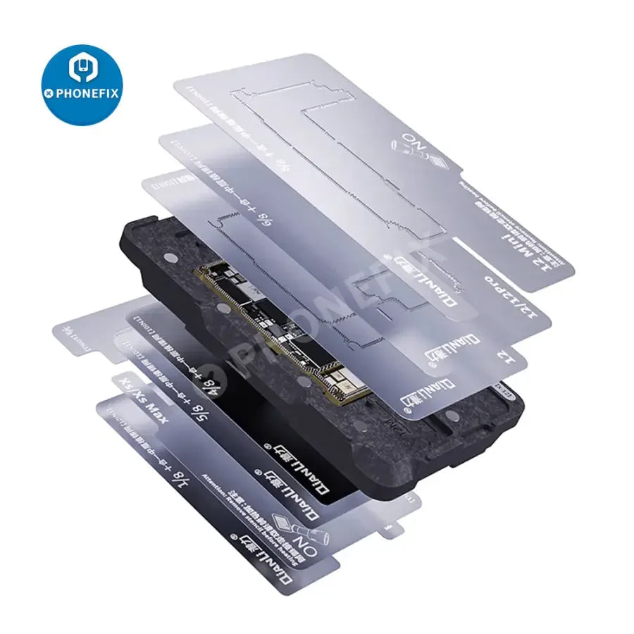 QIANLI 10-in-1 BGA Reballing Platform for iPhone X-12 PM repair by PHONEFIX, featuring multiple tools on a professional repair station.