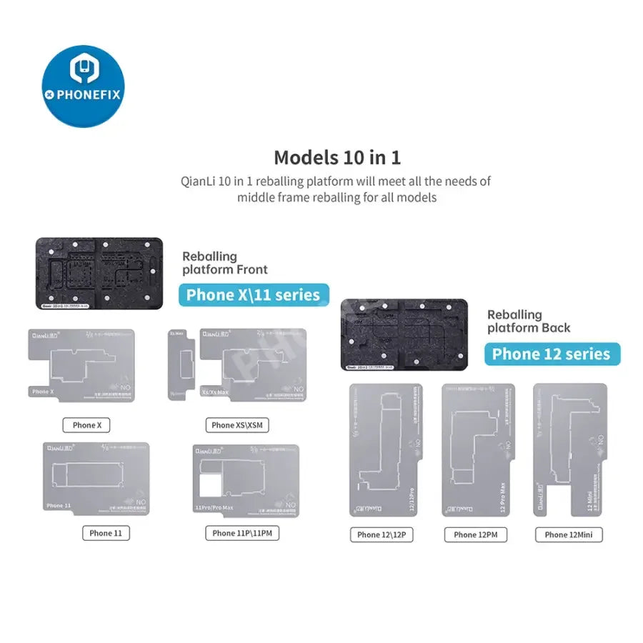 QIANLI 10-in-1 BGA Reballing Platform for iPhone X-12 PM repair by PHONEFIX, showing the multi-function device on a workbench.