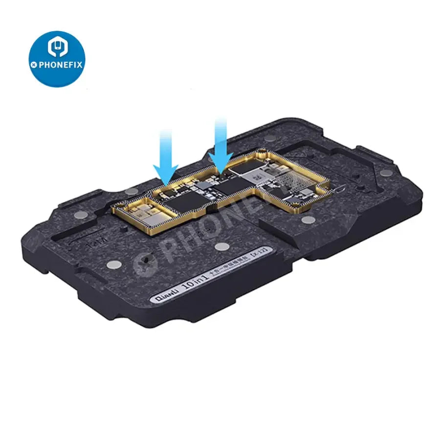 PHONEFIX 10-in-1 BGA reballing platform for iPhone X-12 PM repair, featuring middle frame design for precise reballing.