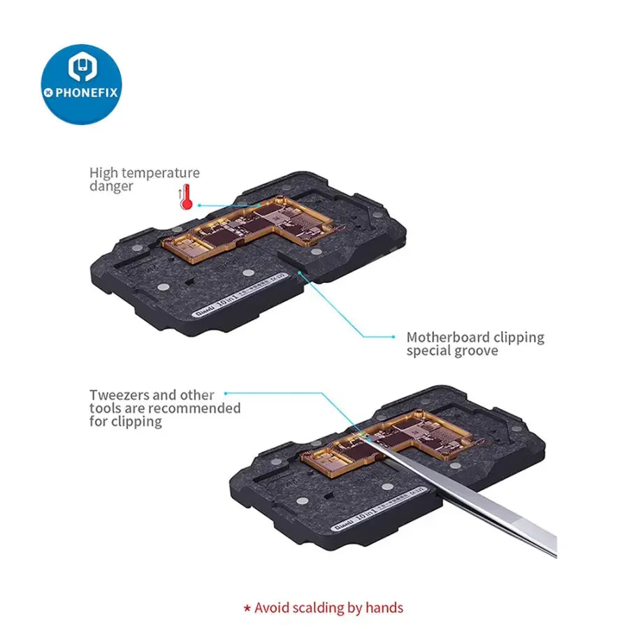 PHONEFIX 10-in-1 BGA reballing platform for iPhone X-12 PM repair, featuring multiple slots for precise reballing and repair.