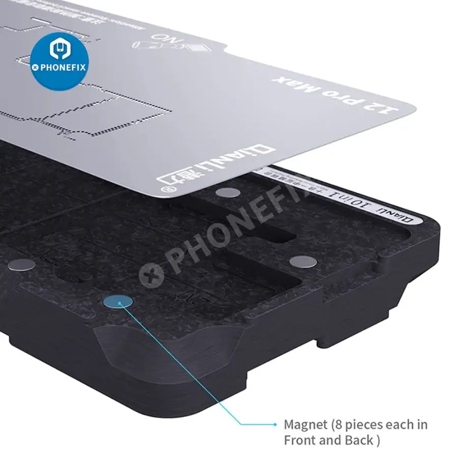 PhoneFix 10-in-1 BGA reballing platform for iPhone X-12 PM repair, featuring middle frame design for precise reballing processes.