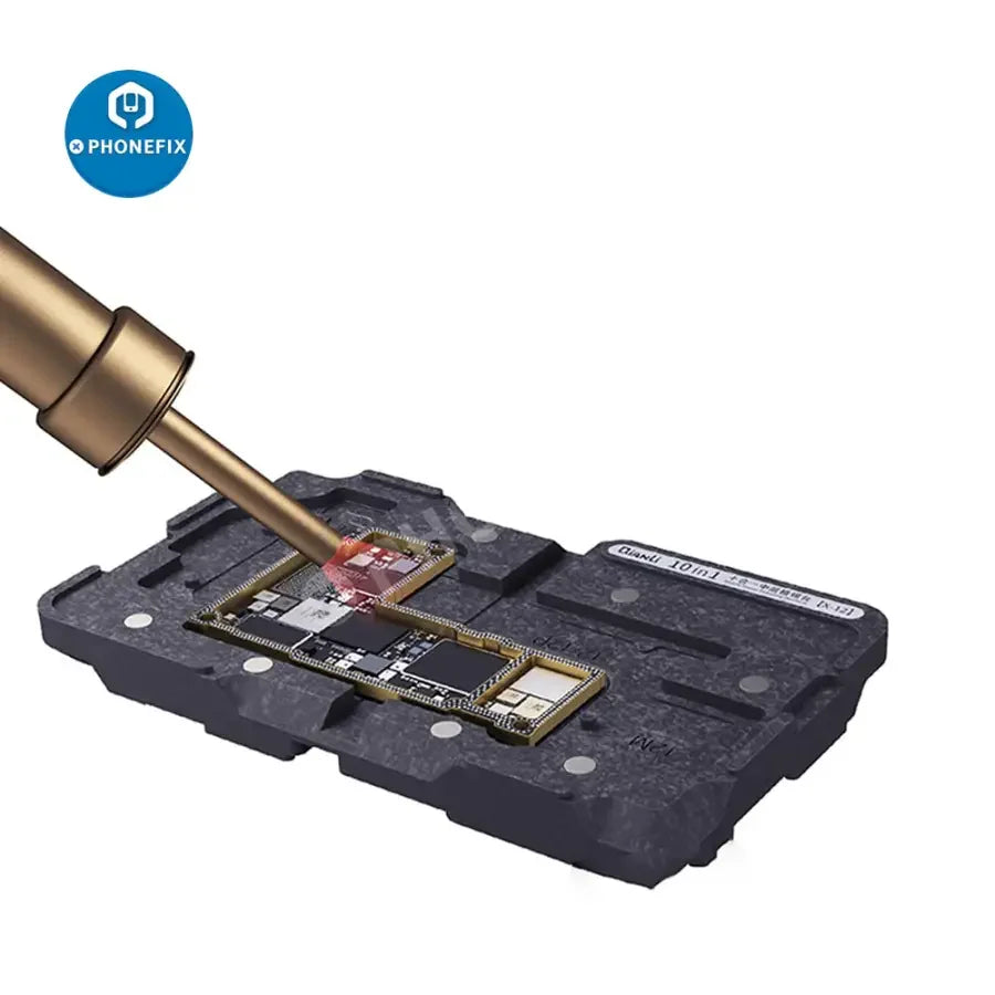 PHONEFIX 10-in-1 BGA reballing platform for iPhone X to 12 PM repair, featuring a middle frame for precise reballing.