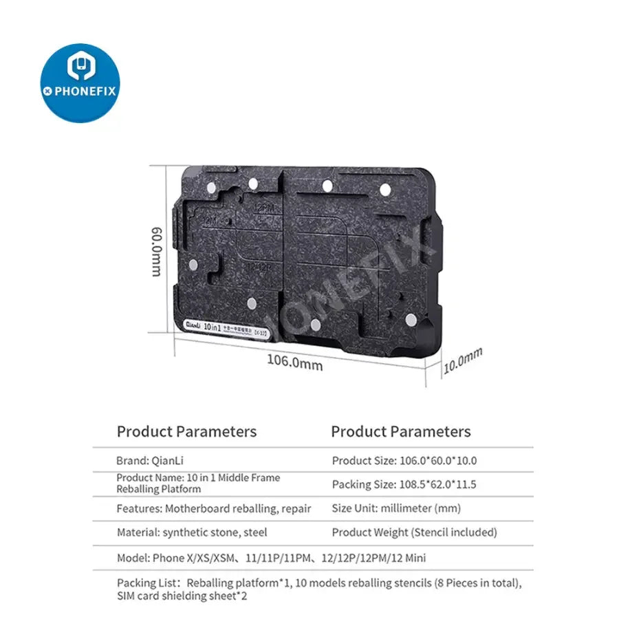 PHONEFIX 10-in-1 BGA reballing platform for iPhone X-12 PM repair, featuring multiple modules for precise BGA reballing.