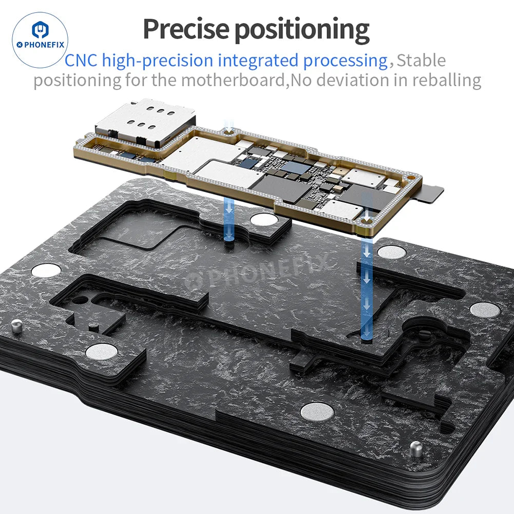 QianLi PHONEFIX BGA reballing platform for iPhone 16 Plus/Pro Max, 4-in-1 middle layer reballing tool, shown on a workbench.