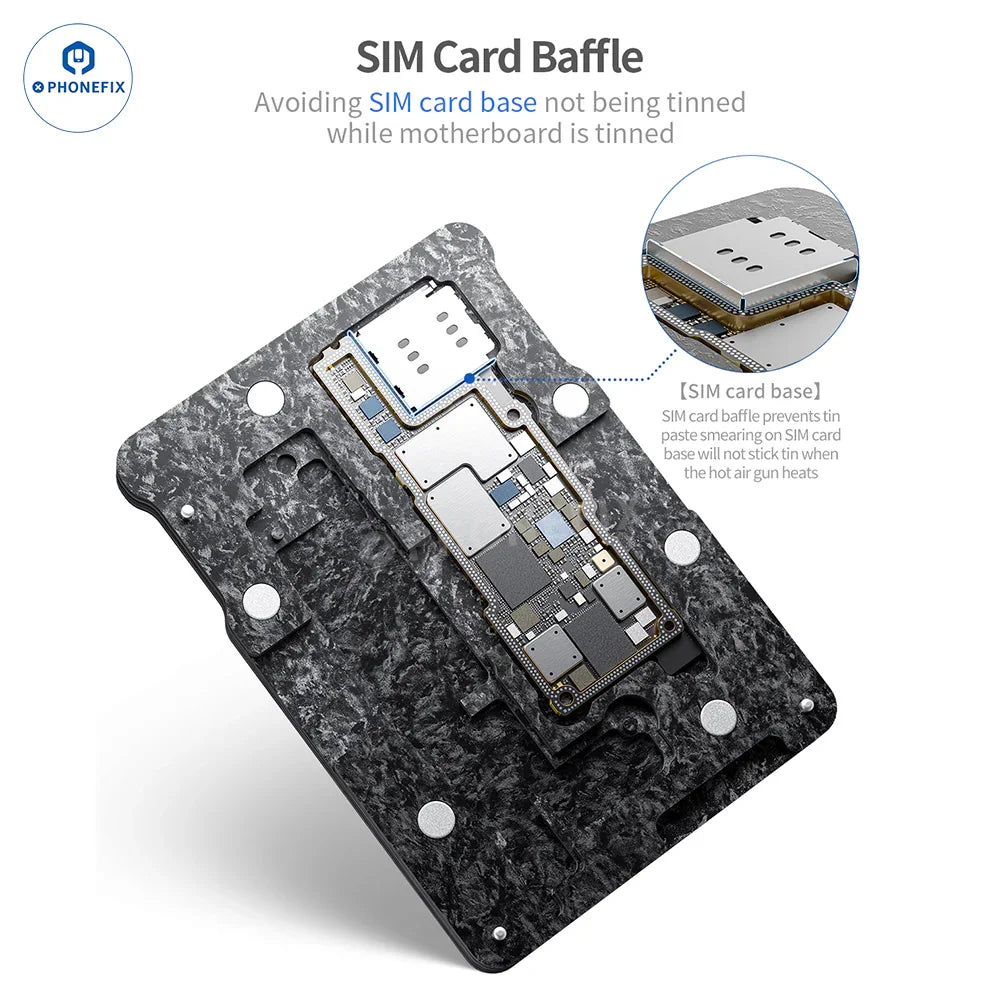 QianLi PHONEFIX BGA reballing platform for iPhone 16 Plus and Pro Max, 4-in-1 middle layer reballing tool on a workbench