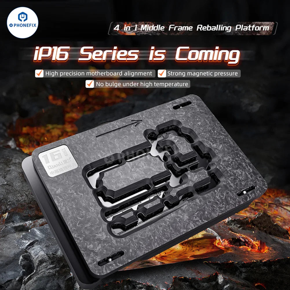 QianLi PhoneFix BGA reballing platform for iPhone 16 Plus/Pro Max, 4-in-1 middle layer reballing tool with metal components.