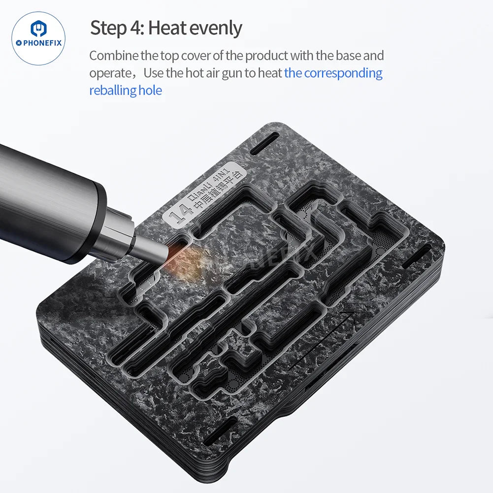 PHONEFIX BGA reballing platform for iPhone 16 Plus and 16 Pro Max, 4-in-1 middle layer reballing tool with precision components.