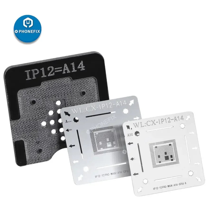 PHONEFIX BGA Reballing Stencil Kit with positioning mold for iPhone X to 12 Pro Max, used for precise reballing repairs.