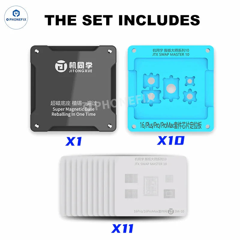 PHONEFIX JTX Swap Board BGA Reballing Platform for iPhone 8 to 16 Pro Max CPU chips, shown with reballing equipment and components.