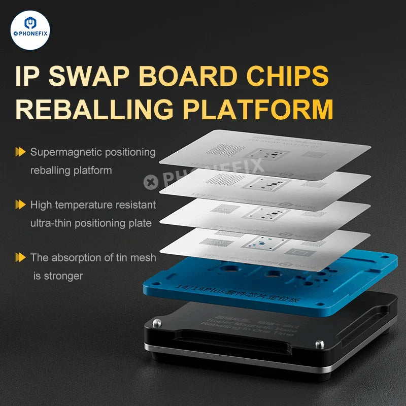 PHONEFIX JTX Swap Board BGA Reballing Platform for iPhone 8 to 16 Pro Max CPU chips, with detailed setup components.