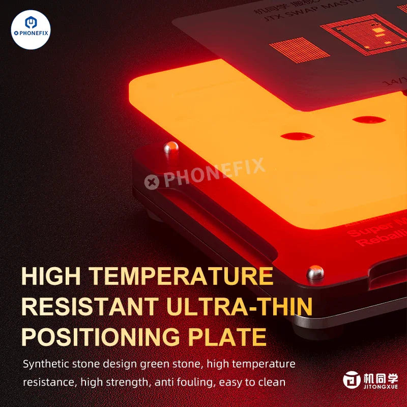 PhoneFix JTX Swap Board BGA reballing platform for iPhone 8 to 16 Pro Max CPU chips, with precision tools and reballing surface.