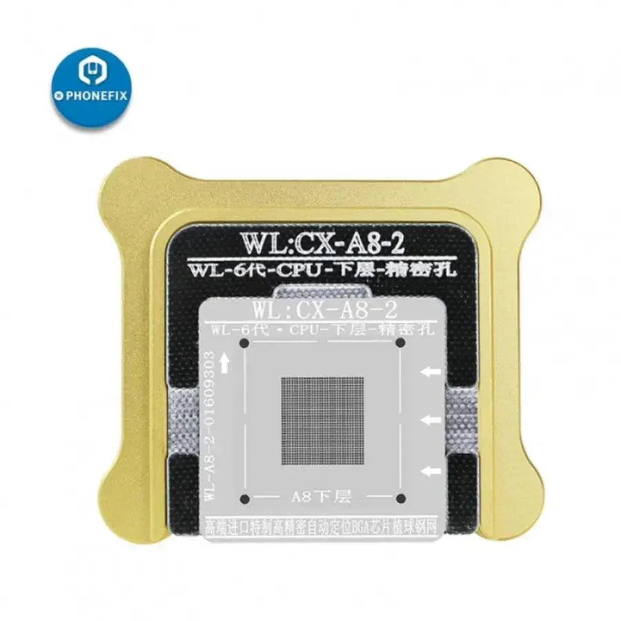 PHONEFIX WL BGA Reballing Stencils for iPhone baseband NAND and A6-A14 CPU BGA rework platform, shown on a clean work surface.