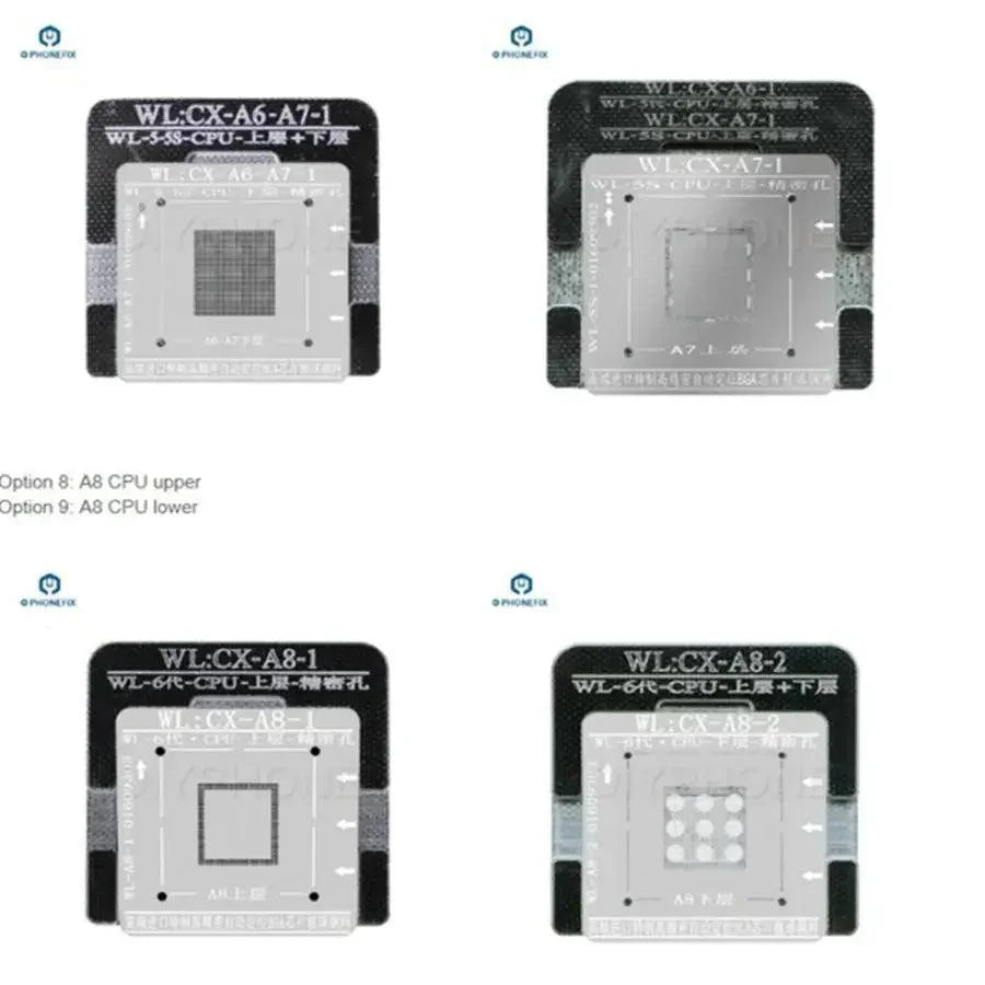 PhoneFix BGA reballing stencil for iPhone baseband, NAND, and A6-A14 CPU BGA chips, used for precise reballing and repairs.