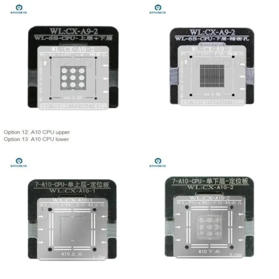 Plantillas de reballing BGA de PHONEFIX para la plataforma de retrabajo de CPU BGA de banda base NAND A6-A14 de iPhone, con patrones de plantilla detallados.