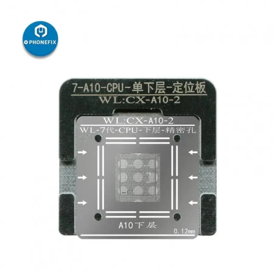 Plantillas de reballing BGA de PHONEFIX para banda base, NAND y CPU A6-A14 de iPhone, utilizadas para un reballing preciso en chips BGA.