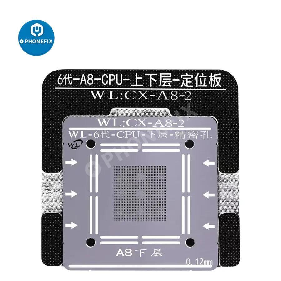 Plantillas de reballing BGA de PhoneFix para la CPU NAND A6-A14 de la banda base del iPhone, utilizadas para un reballing y reparación precisos.