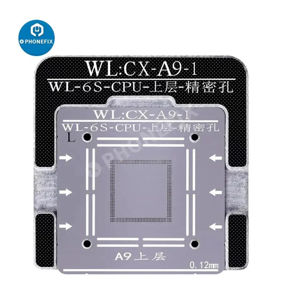 Plantillas de reballing BGA de PhoneFix para banda base, NAND y CPU A6-A14 de iPhone, utilizadas para procesos de reparación y reballing de iPhone.