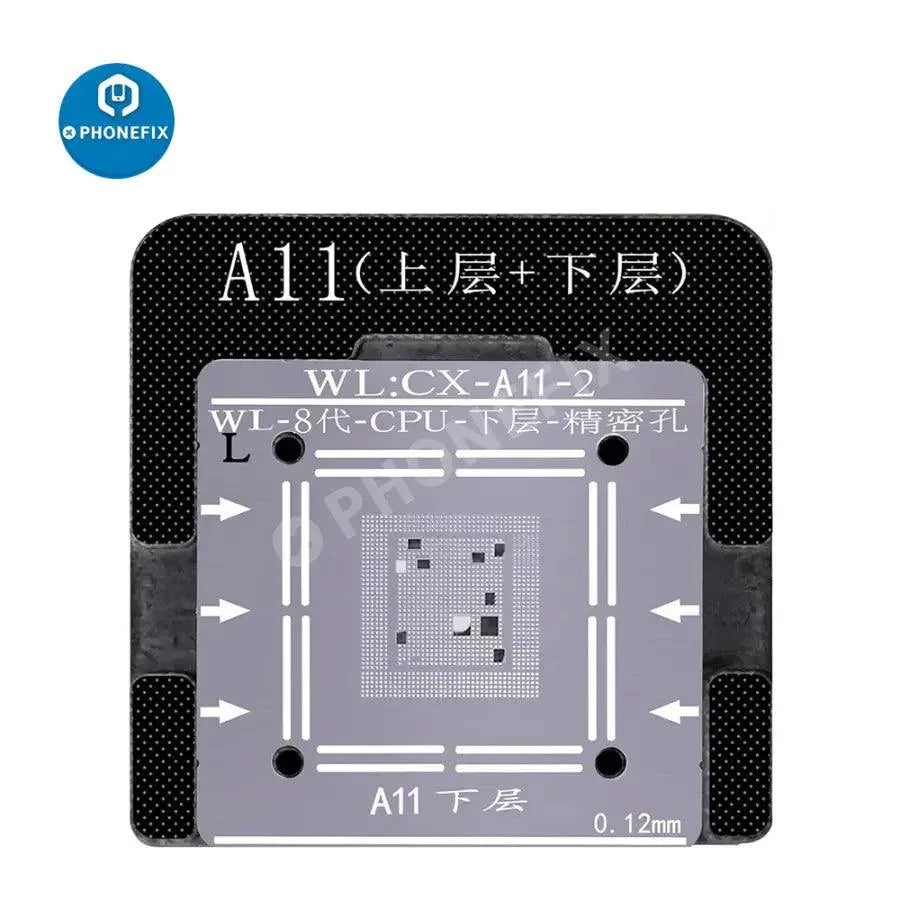 Plantillas de reballing BGA de PhoneFix para la banda base NAND del iPhone y la CPU BGA A6-A14, utilizadas en plataformas de reballing para la reparación de iPhone.