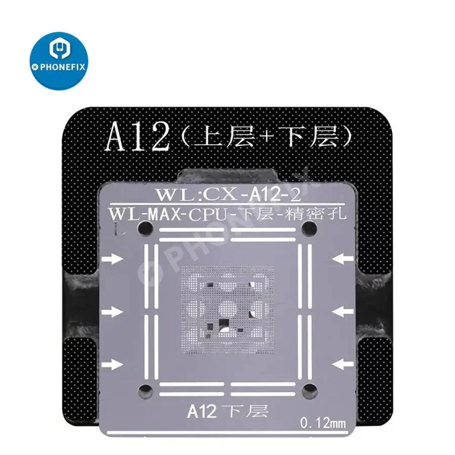 Plantillas de reballing BGA de PHONEFIX para banda base de iPhone, NAND, CPU A6-A14, utilizadas en plataforma de reballing BGA para reparación y soldadura.