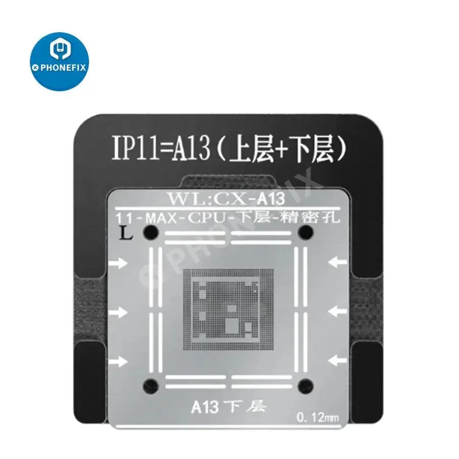 Plantilla de reballing BGA de PHONEFIX para la banda base del iPhone y la CPU NAND A6-A14, utilizada para el retrabajo preciso de chips BGA.