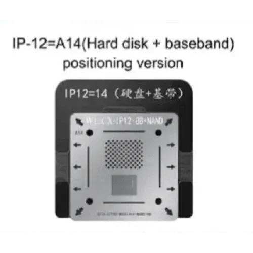 Plantilla PHONEFIX para reballing BGA de chips de banda base, NAND y CPU A6-A14 de iPhone, utilizada para procesos de reparación y reballing.