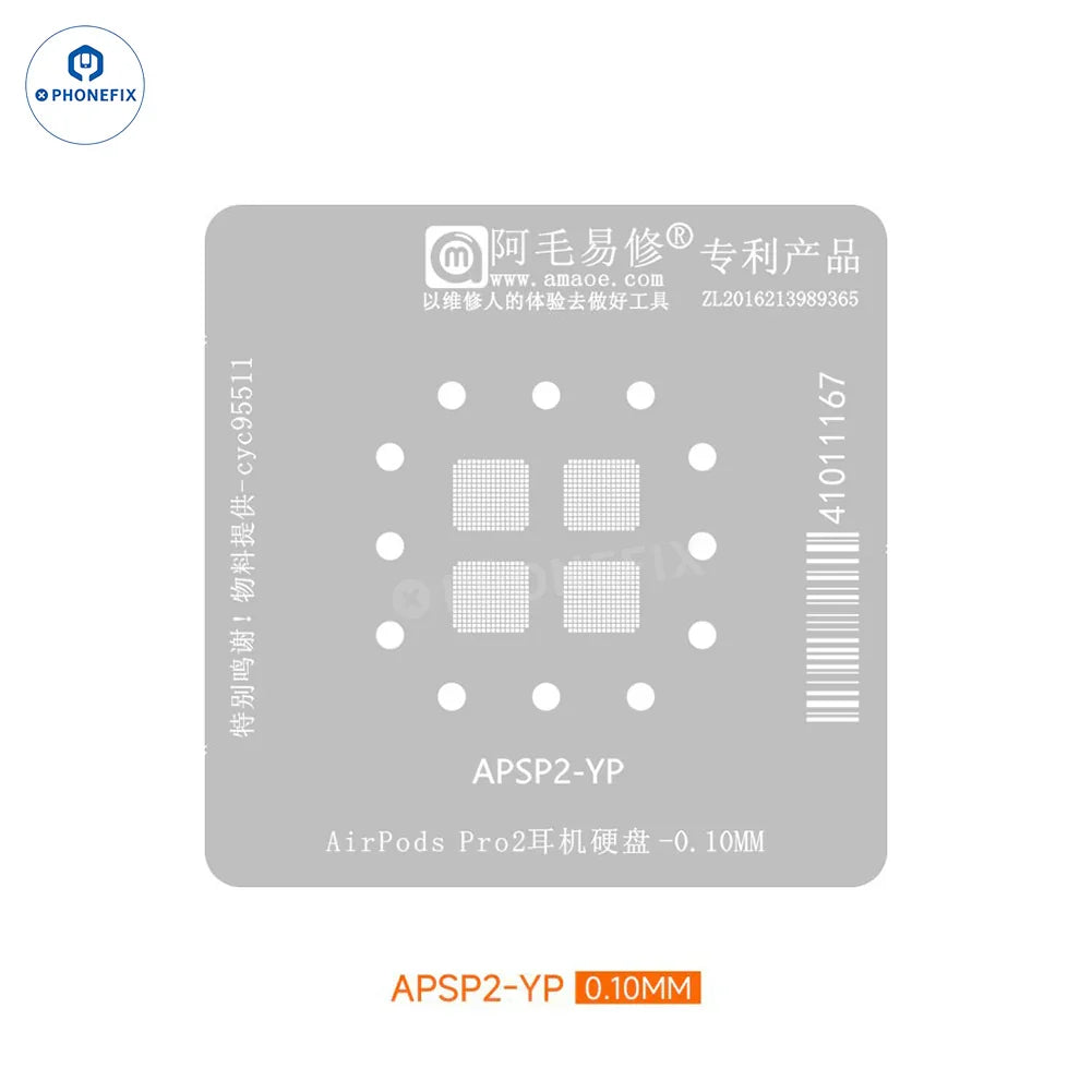 Amaoe tin planting platform stencil for AirPods Pro 2 BGA reballing, with 0.12mm precision, designed for PhoneFix AirPod repair.
