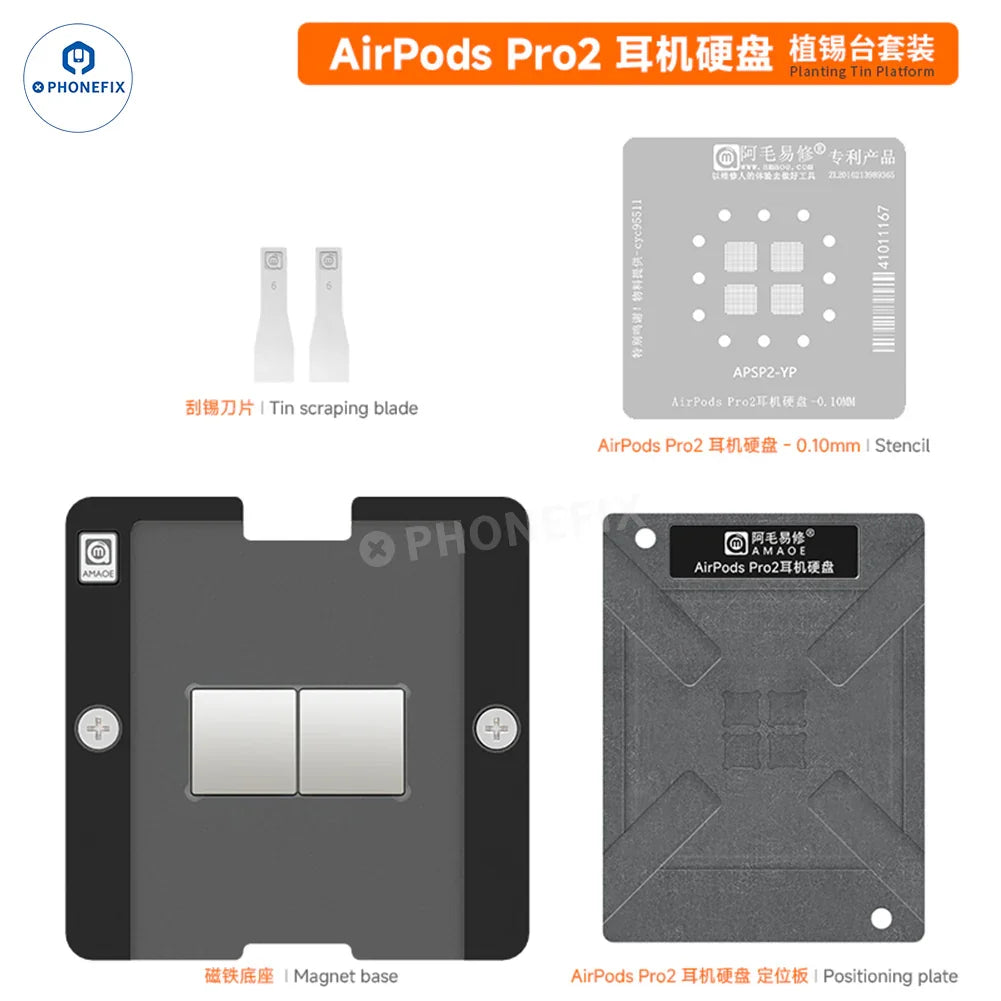 Amaoe BGA reballing platform stencil for AirPods Pro 2, 1, 3, used for precise tin planting on AirPod Pro models.
