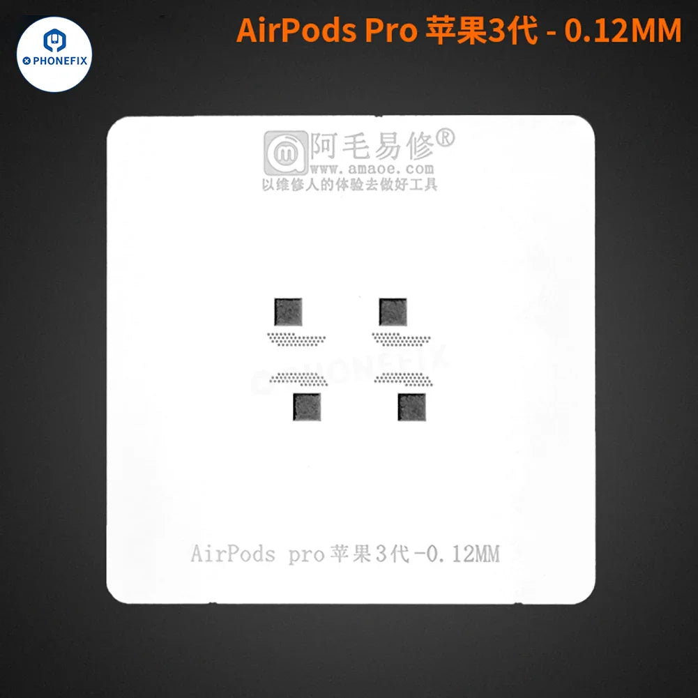 AirPods Pro 3 with Amaoe Tin Planting Platform BGA reballing stencil by PHONEFIX, thin 0.12mm for precise reballing work.