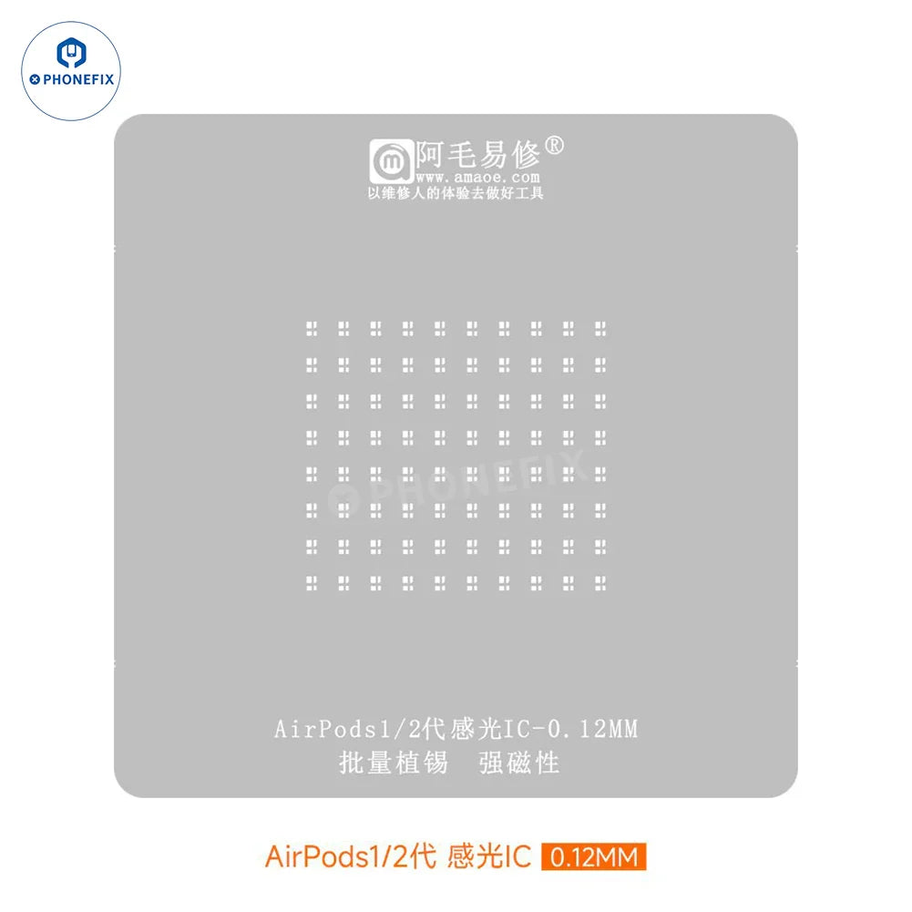 Amaoe BGA reballing platform stencil for AirPods Pro 1, 2, 3, made of tin, used for precise airPod chip reballing.