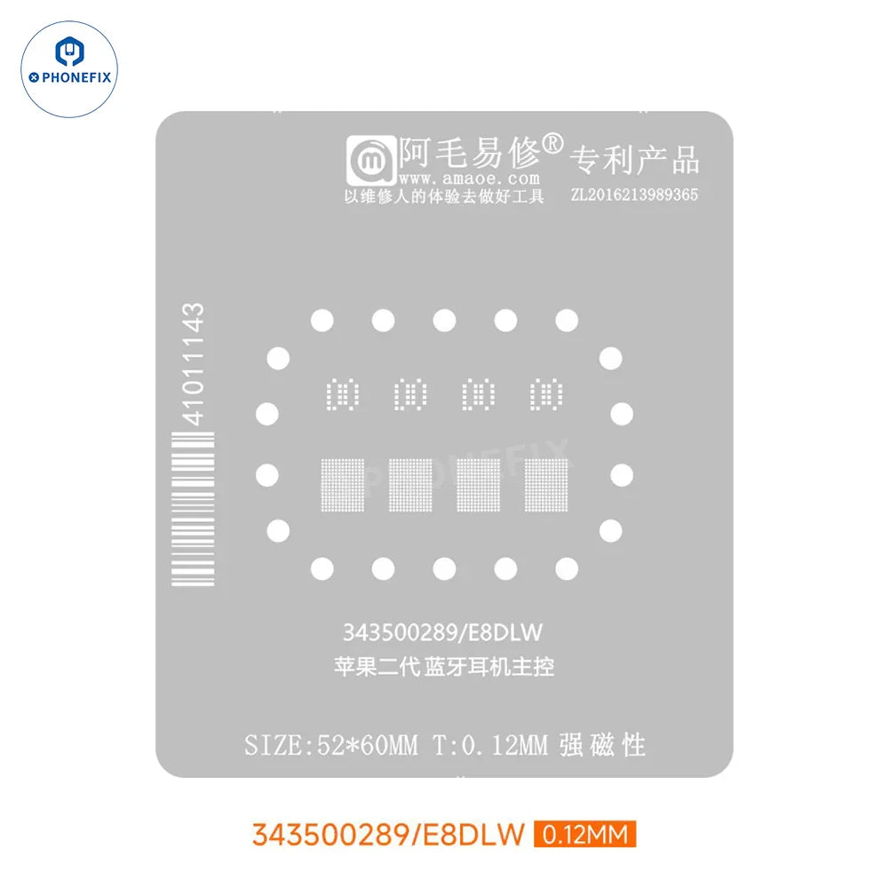 Amaoe BGA reballing platform stencil for AirPods Pro 1, 2, 3 by PHONEFIX, featuring a 0.12mm tin planting design for precise reballing.