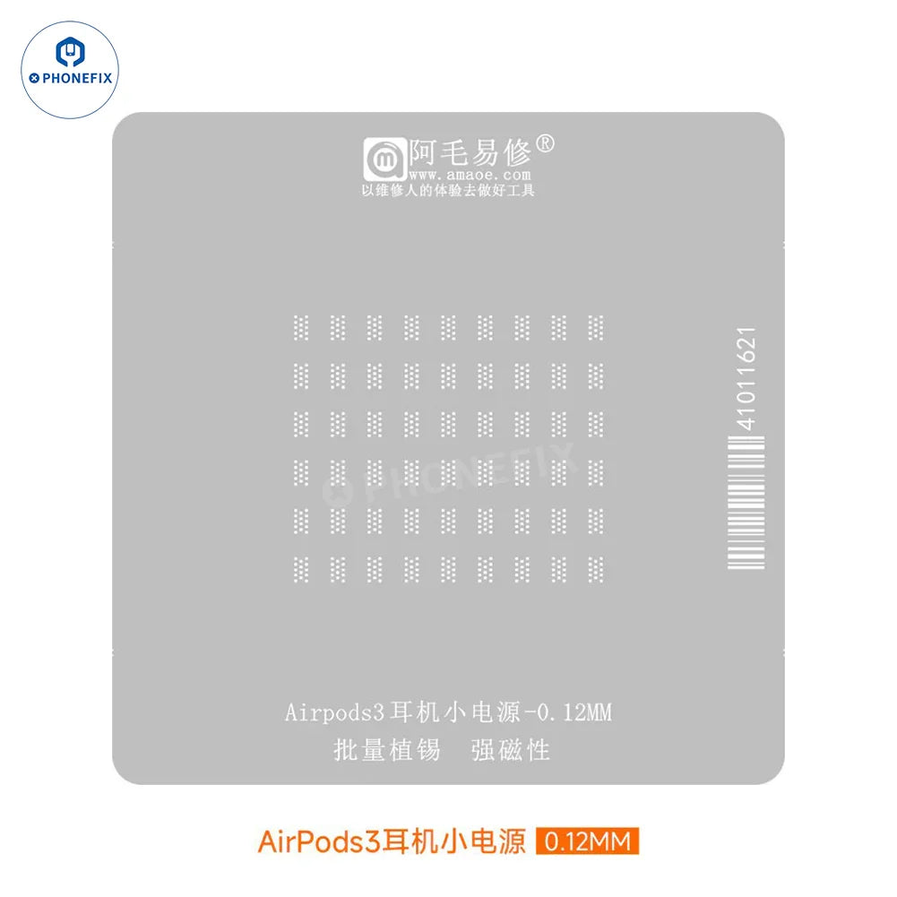Amaoe BGA reballing platform stencil for AirPods Pro 1, 2, 3, with 0.12mm thickness, used for precision reworking and repairs.