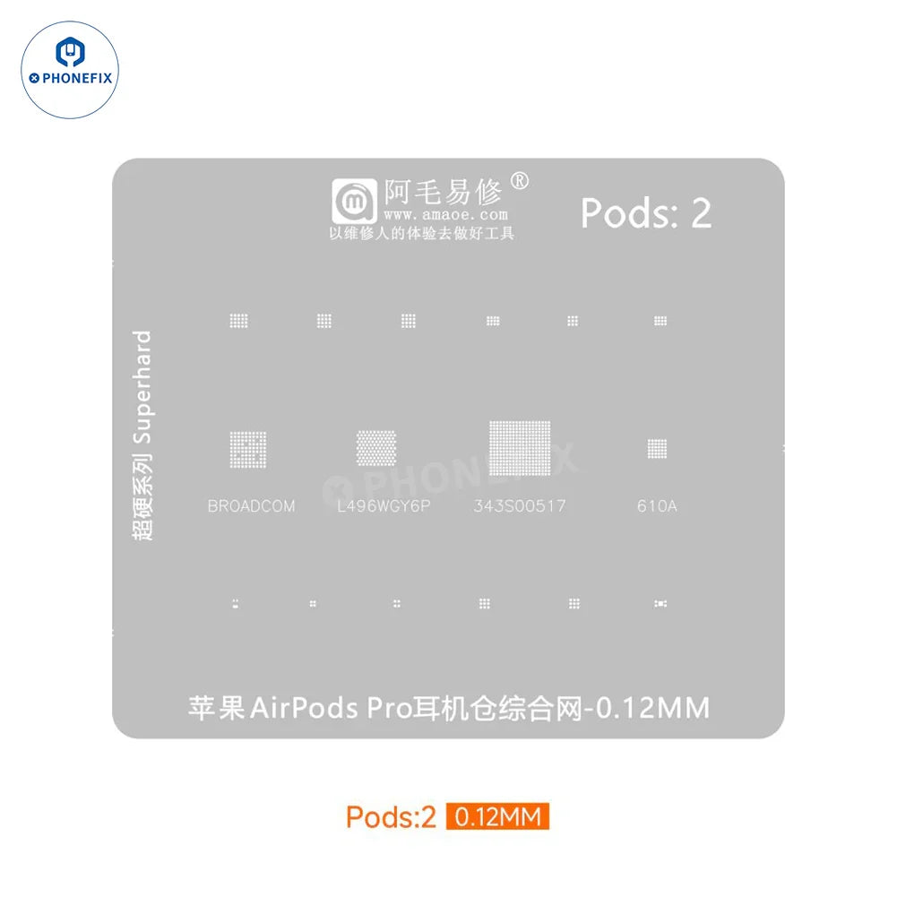 AirPods Pro 2 with Amaoe BGA reballing platform stencil for AirPod Pro models, used for precise tin planting and reballing.