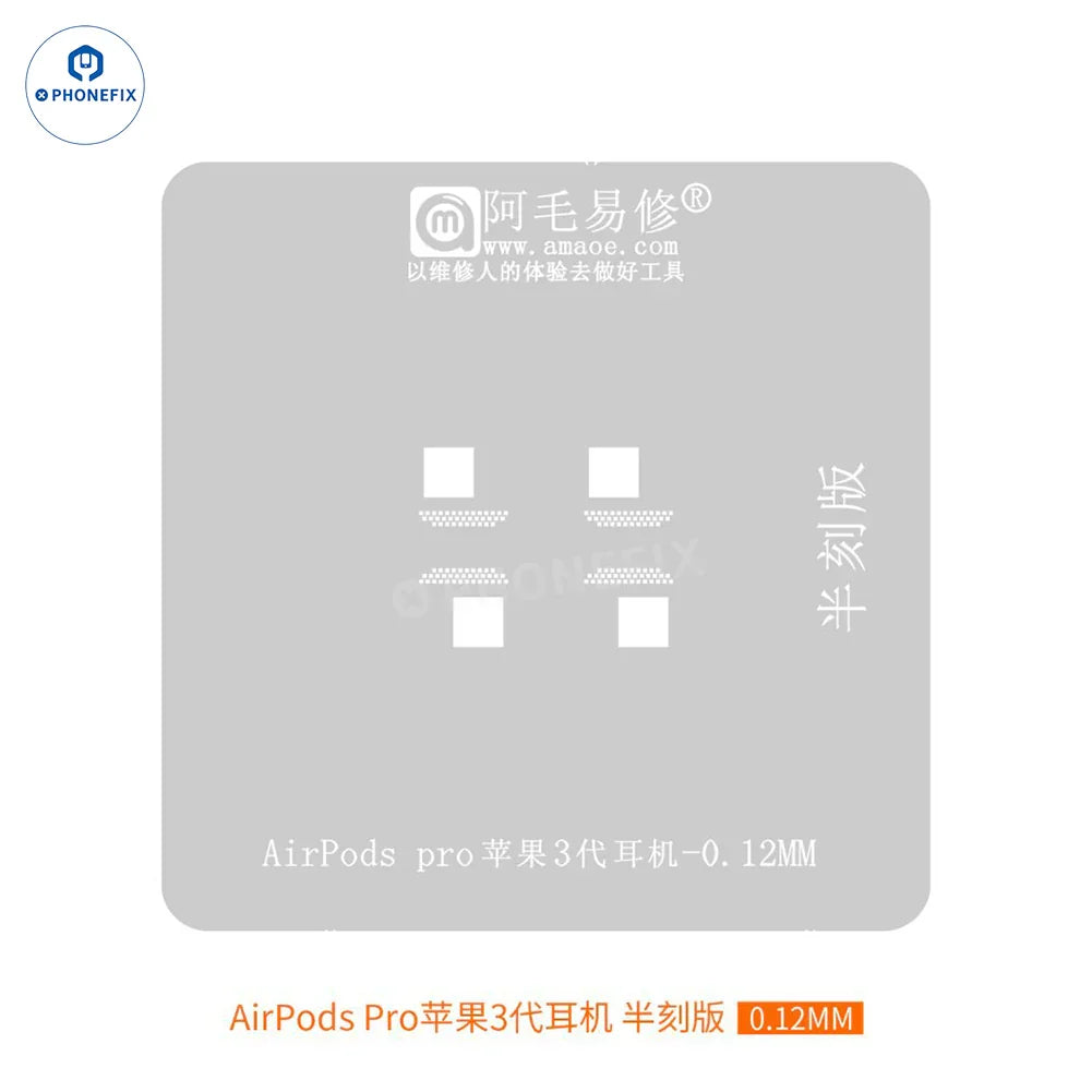 Amaoe BGA reballing platform stencil for AirPod Pro 1, 2, 3, showing precision etched 0.12mm design on a clean work surface.