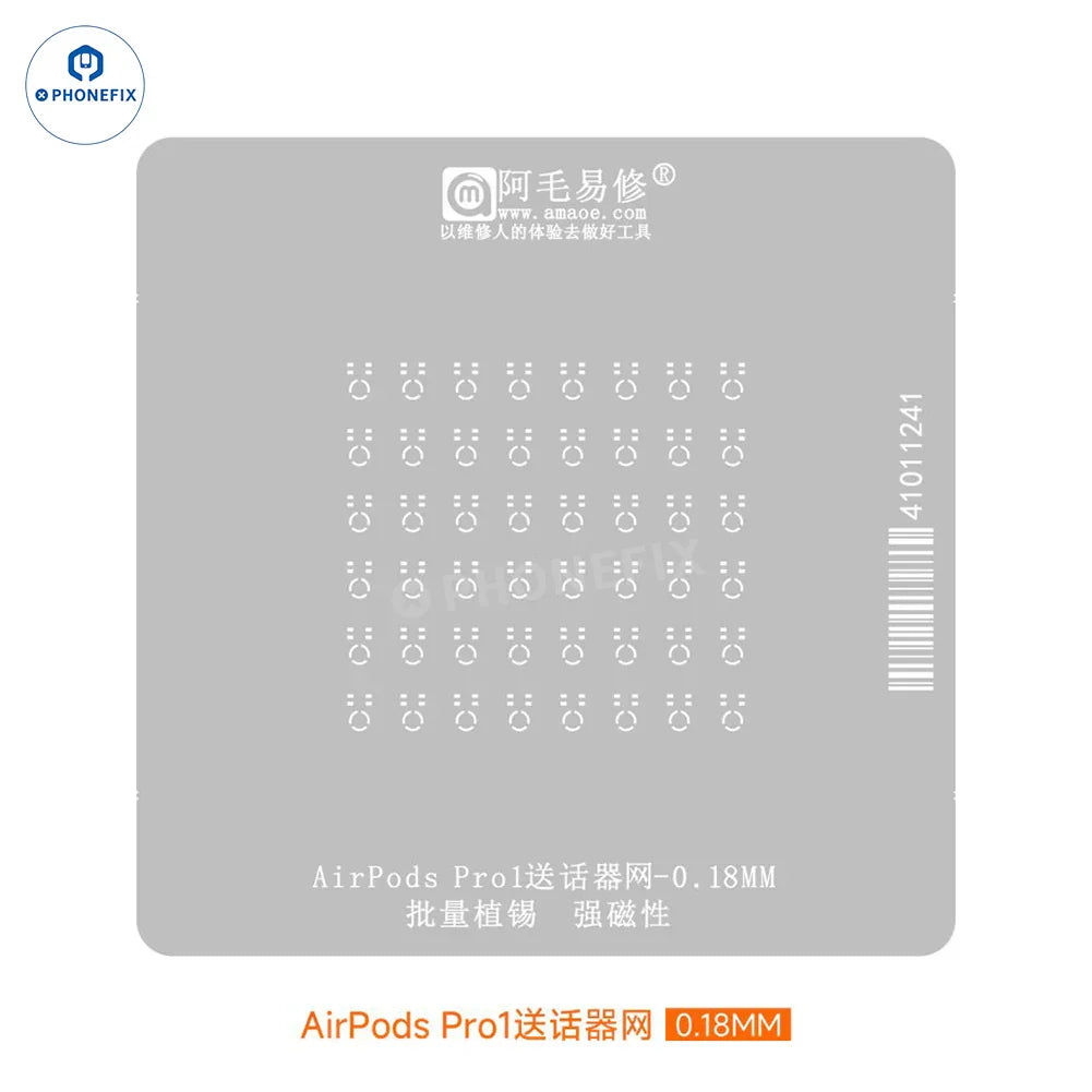 Amaoe BGA reballing platform stencil for AirPods Pro 1, 2, 3, made of 0.12mm thin metal, compatible with PHONEFIX Amaoe Tin Planting.