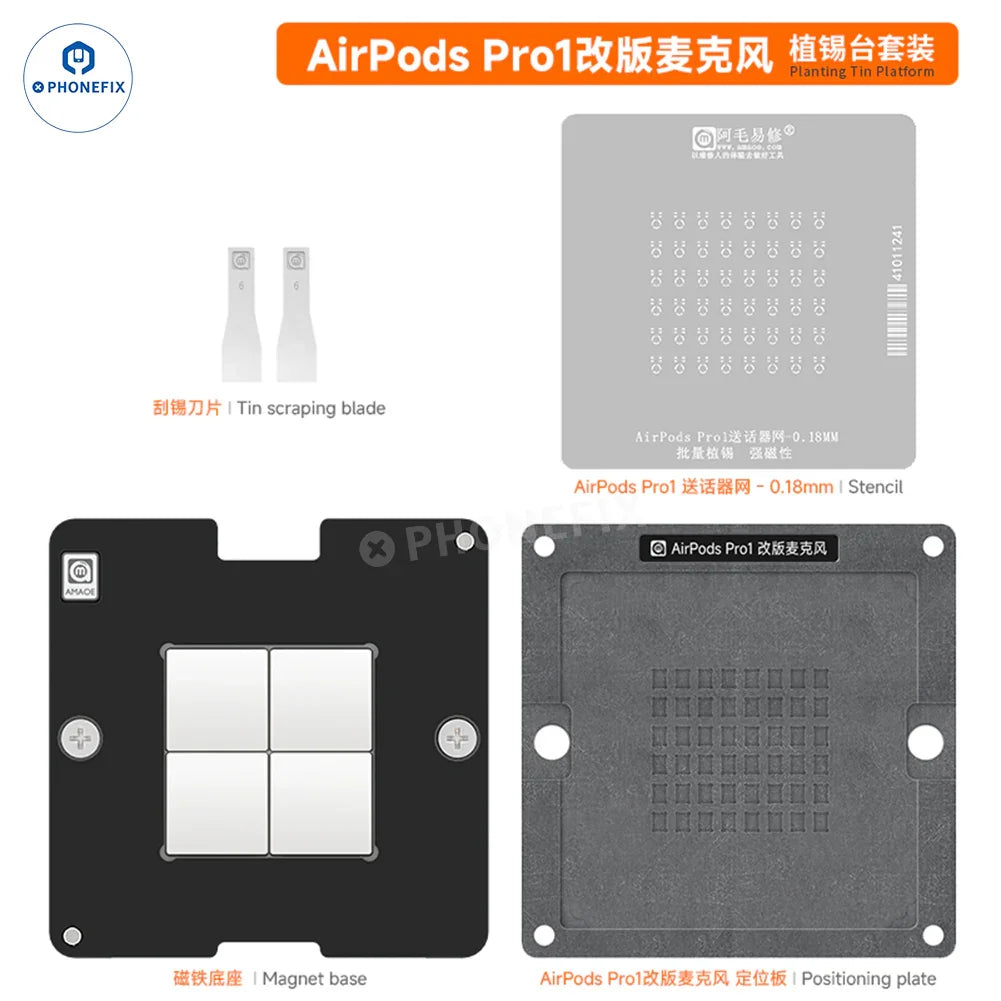 PhoneFix Amaoe Tin Planting Platform BGA reballing stencil for AirPod Pro 1, 2, 3, with 0.12mm precision for reworking electronics.