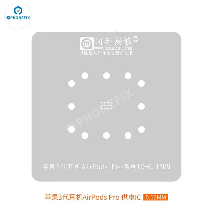 Amaoe BGA reballing platform stencil for AirPods Pro 1, 2, 3, made of 0.12mm tin, used for precise chip reballing and repair.