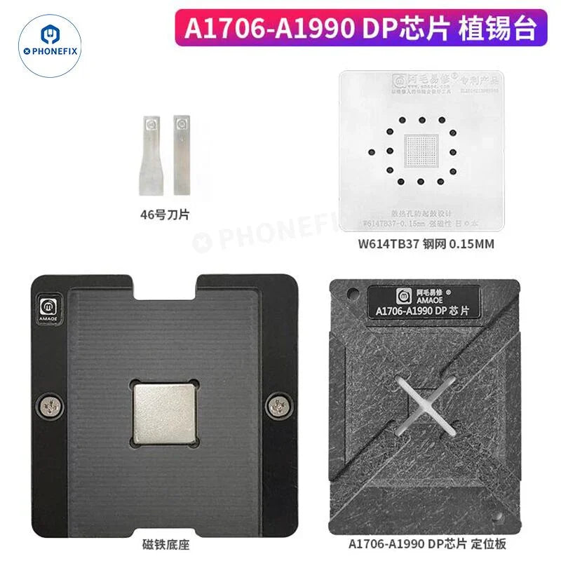 PHONEFIX AMAOE MAC BGA Reballing Platform for MacBook A1706-A990DP PCB CPU IC repair, with reballing tools and heating elements.