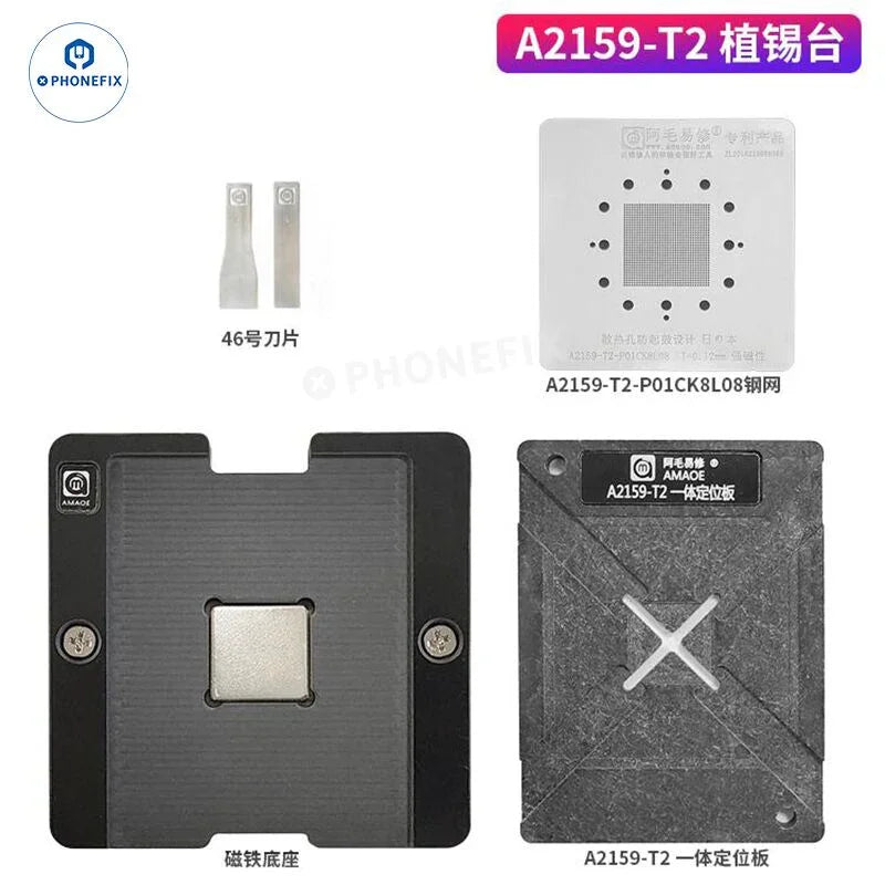 PHONEFIX AMAOE MAC BGA Reballing Platform for MacBook PCB CPU IC repair, A2159-T2 model, with detailed reballing tools and components.