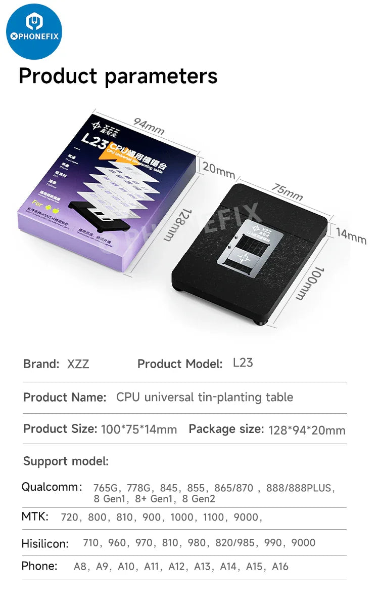 PHONEFIX XZZ L23 CPU reballing stencil platform for iPhone A8-A16 BGA repair, with detailed grid pattern for precise reballing.