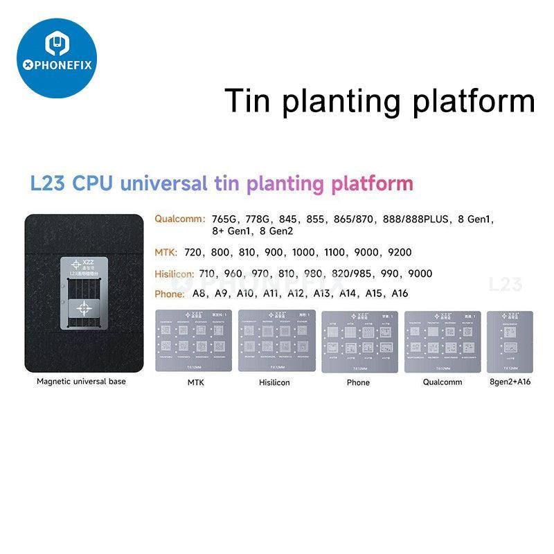 XZZ L23 CPU reballing stencil platform for iPhone A8-A16 BGA repair by PHONEFIX, shown on a clean work surface.