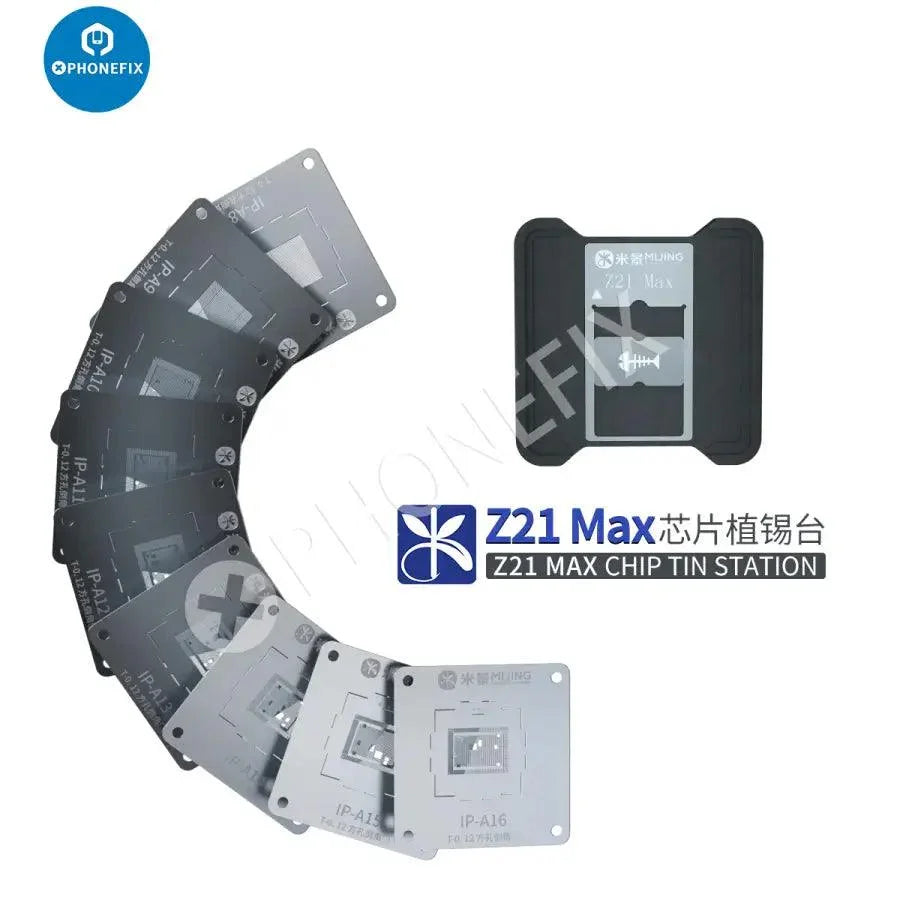 PHONEFIX MJ Z21 MAX CPU BGA Reballing Stencil for iPhone 6-16 Pro Max repair, with multiple stencil templates for precise reballing.