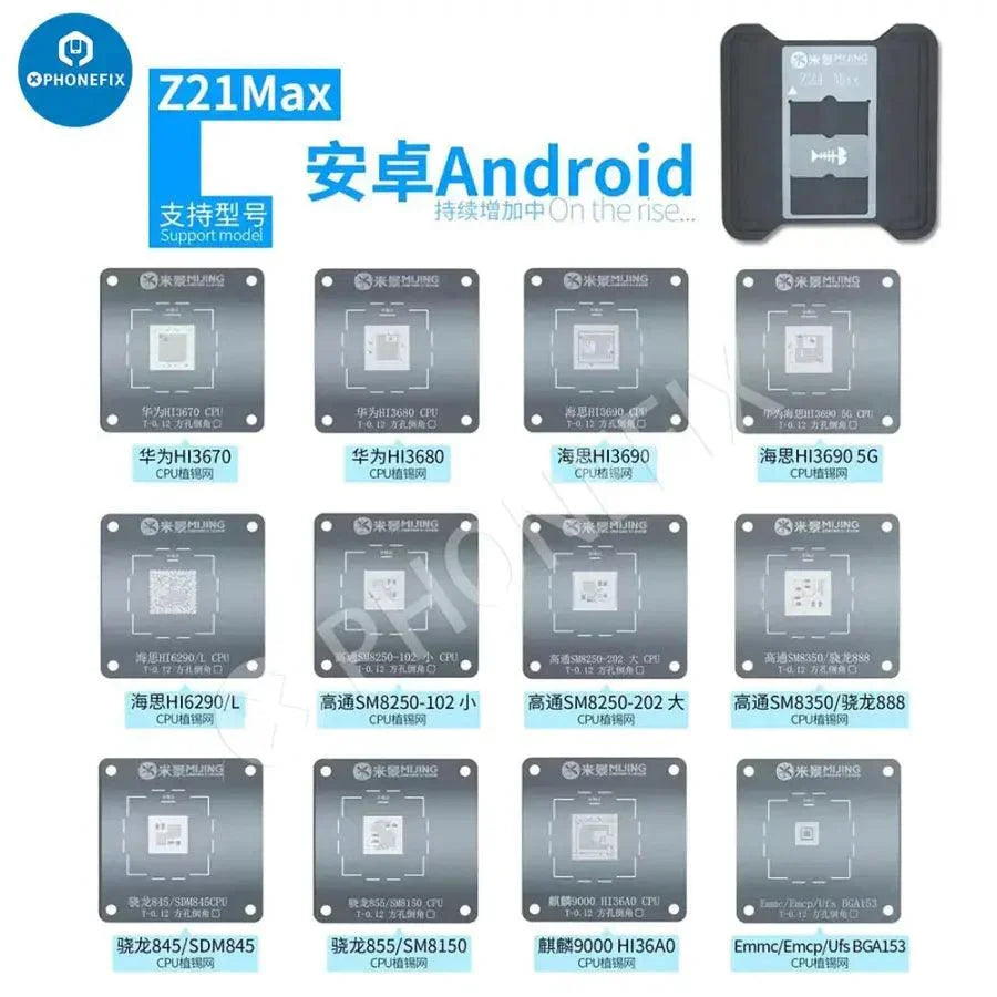 PHONEFIX MJ Z21 MAX CPU BGA Reballing Stencil for iPhone 6 to iPhone 16 Pro Max repair, with 14 reusable stencils.