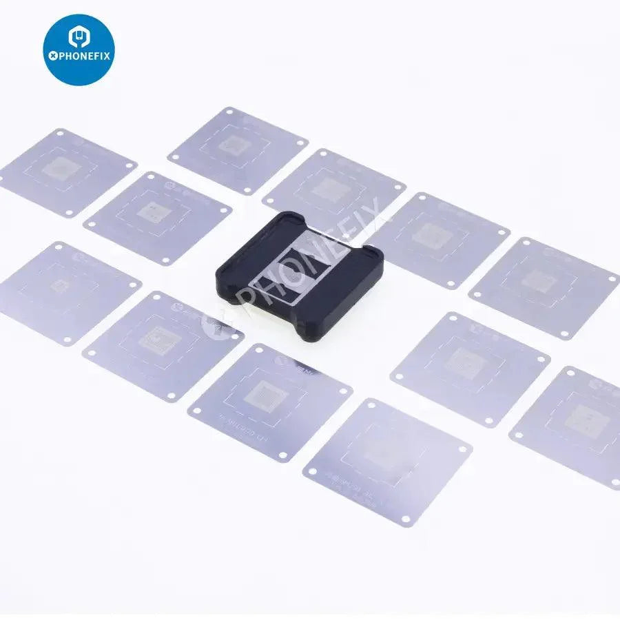 PHONEFIX MJ Z21 MAX CPU BGA Reballing Stencil for iPhone 6 to 16 Pro Max repair, with multiple stencil patterns for precise reballing.