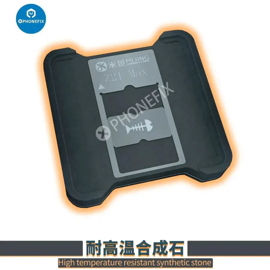PhoneFix MJ Z21 MAX CPU Reballing Stencil for iPhone 6 to 16 Pro Max repair, BGA reballing platform with multiple stencils.