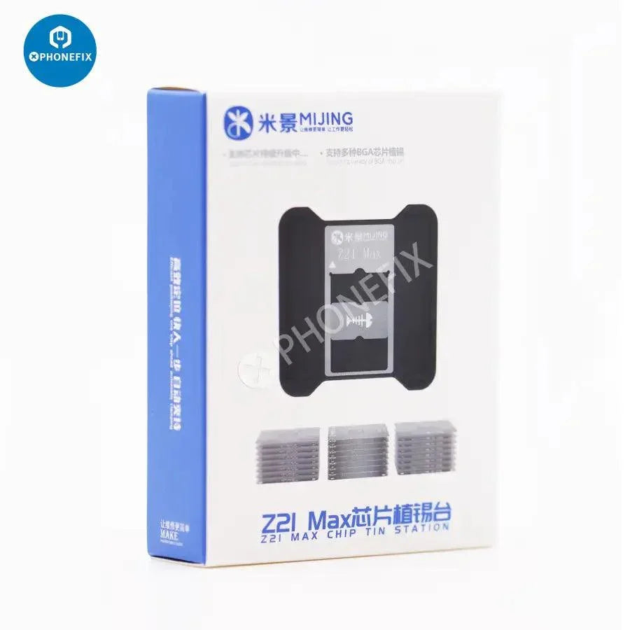 PHONEFIX MJ Z21 MAX CPU BGA Reballing Stencil for iPhone 6 to 16 Pro Max repair, with 14 reusable stencil pieces for precise reballing.