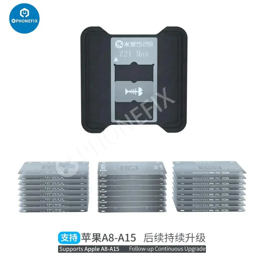 PhoneFix MJ Z21 MAX CPU BGA Reballing Stencil for iPhone 6-16 Pro Max repair, with 14 reusable stencils for precise reballing.