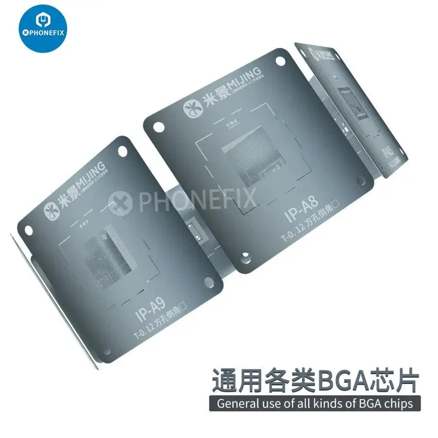 PHONEFIX MJ Z21 MAX CPU BGA Reballing Stencil for iPhone 6 to 16 Pro Max repair, with 14pcs stencil set for reballing process.