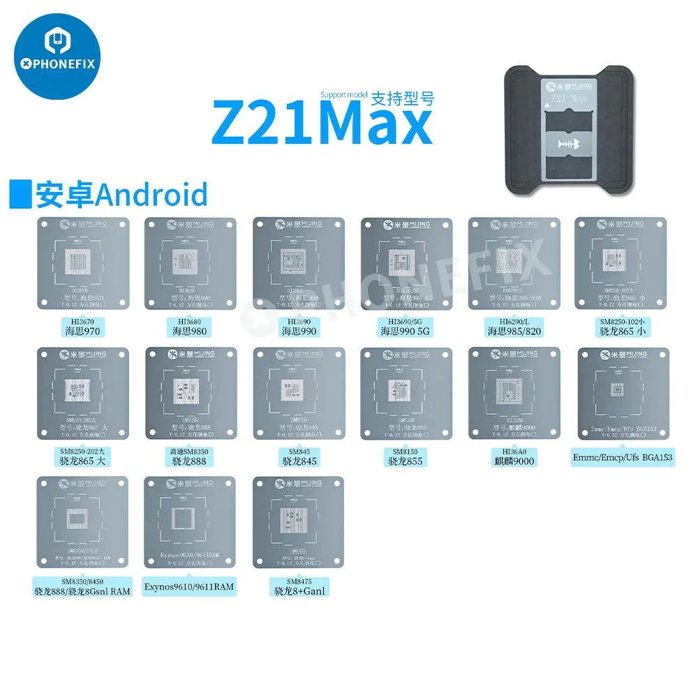 PhoneFIX MJ Z21 MAX CPU BGA reballing stencil for iPhone 6-16 Pro Max repair, featuring 14-piece platform for precise reballing.